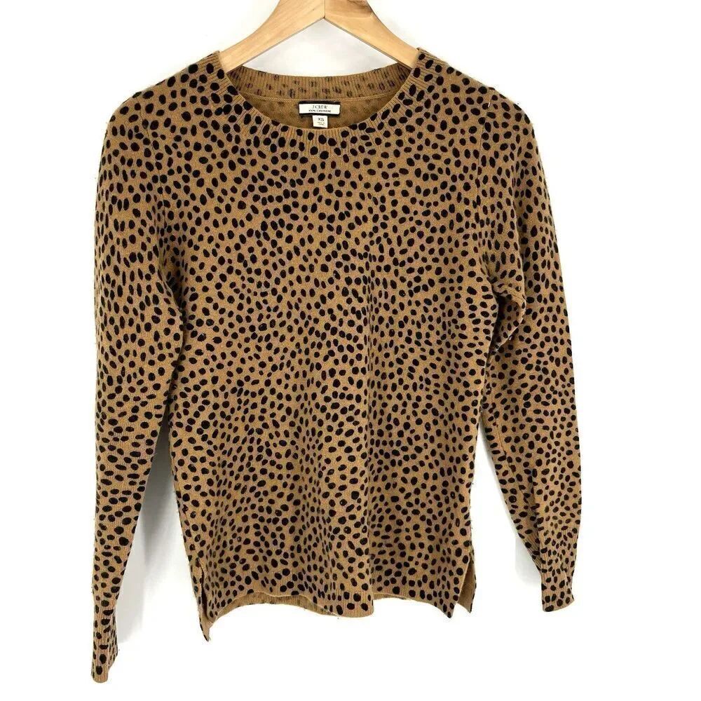 J Crew Sweater Size XS Womens Brown Cashmere Leopard Dot Print Pullover Crew
